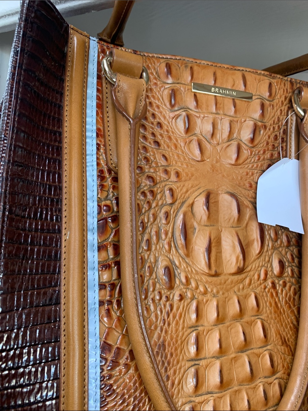 Brahmin Tan and Dark Brown Croc-Embossed Leather Tote with Gold Charm - Picture 5 of 7